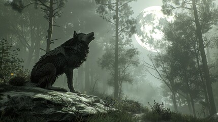 Wall Mural -  A wolf perched atop a rock, surrounded by forest Full moon loomed above, casting light through fog-shrouded trees and misty air