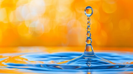 Poster -  A tight shot of a water droplet above a tranquil pool, backdrop softly blurred in hues of yellow and blue A solitary droplet adorns the surface