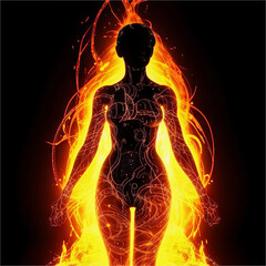 Silhouette of a girl on a fire background.