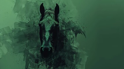  Digital painting of a horse's head surrounded by splatters, green background, horsehead in black