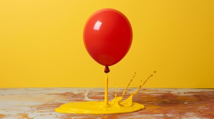 Canvas Print -  A red balloon leaks yellow liquid onto a yellow floor A yellow wall serves as the background, with another red balloon situated in the middle of the floor