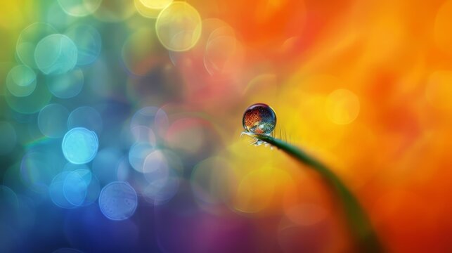  A water drop atop grass against a multicolored backdrop, with blurred grass and droplets
