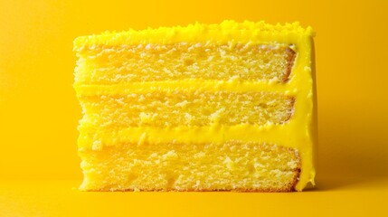 Wall Mural -  A close-up of a yellow cake slice against a yellow backdrop One piece is bitten, while the remainder remains intact