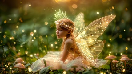  A little girl, dressed as a fairy, sits in a field of grass She dons glowing wings atop her head and weaves a flower into her hair Surrounding