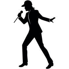 Canvas Print - A singer Dance Pose with singing holding a microphone in front of mouth vector silhouette, isolated white background