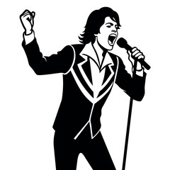 Poster - A singer Dance Pose with singing holding a microphone in front of mouth vector silhouette, isolated white background