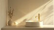 © JP STUDIO LAB - Empty bathroom counter with a luxury round ceramic washbasin and golden faucet, bathed in morning sunlight, blank space for product display, minimalistic, photorealistic