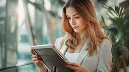 Sticker - A businesswoman in stylish attire is seen holding a tablet device while reviewing important documents, A stylish businesswoman reviewing documents on a tablet