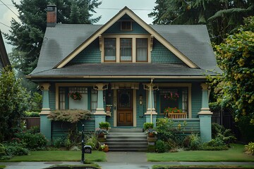 Wall Mural - Craftsman house with a sage green exterior, cream trim, and a dark brown door, set in a peaceful neighborhood with mature trees and a wooden bench