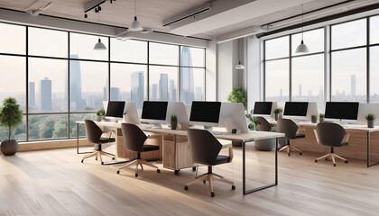 Loft style office 3d rendering image.There are white brick wall, polished concrete floor and black steel structure. Furnished with white furniture generative ai	