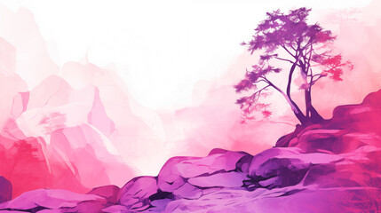 Wall Mural - Watercolor landscape with tree on pink rocks