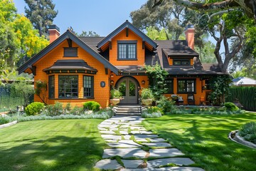 Wall Mural - Craftsman house with a sunny orange exterior, dark gray trim, and a bright white door, with a beautifully landscaped yard and winding stone pathway