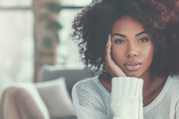 Wall Mural - Elegant close-up portrait of a young woman with natural curly hair, resting her chin on her hand, and exuding confidence and serenity in a soft, cozy background.