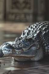 Poster - A close-up view of a bronze or stone statue depicting a crocodile's head and jaws
