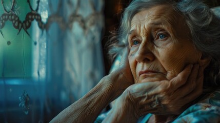 Aufkleber - Older woman sitting in front of a window with a thoughtful expression