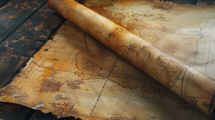 Historical Map: A yellowed historical map is rolled up in an old scroll. Worn-out details on its surface carry the traces of the past 