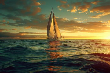 A sailboat sailing in the middle of the ocean during a beautiful sunset