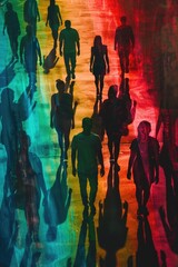 Poster - A group of people walking down a busy street, possibly in a city or town