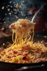 Poster - A single serving of spaghetti is being lifted off the plate by a fork, ready to be taken for a bite
