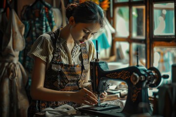 Poster - A woman works on a sewing machine