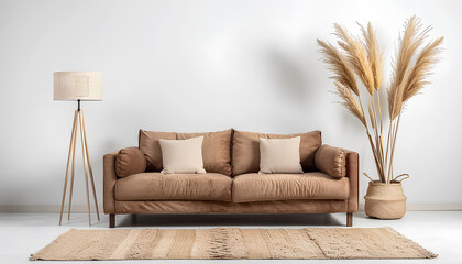 Wall Mural - Cozy brown sofa, lamp and vase with pampas grass isolated on whi