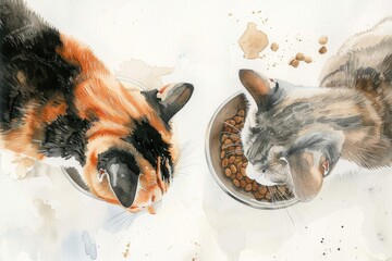 Aufkleber - Two domestic cats enjoying their meal from a ceramic bowl
