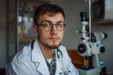 Poster - A scientist in a lab coat sits at a microscope, focusing on a sample