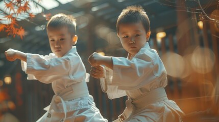 Poster - Two kids learning martial arts skills in an outdoor setting, suitable for use as a background image or to illustrate a story about childhood activities