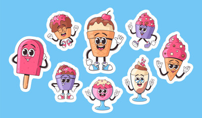 Wall Mural - sticker set of cute retro cartoon ice cream and cake stickers featuring various desserts with happy 