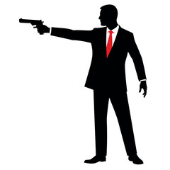 Canvas Print - depicting a man in a suit pointing a gun in a front view perspective vector silhouette