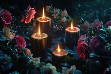 Poster - A bouquet of flowers with candles placed on top, perfect for decorative purposes or as a centerpiece