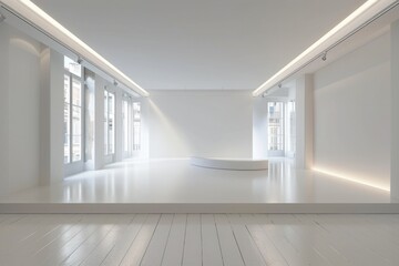 Poster - A minimalist interior design concept featuring a bright white room with a white floor and large windows