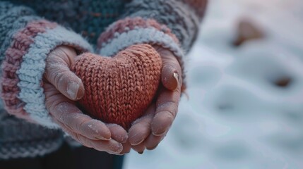 Poster - A person holds a handmade knitted heart, a symbol of love and care