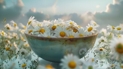 Canvas Print - A colorful arrangement of white and yellow flowers in a decorative bowl, suitable for use as a centerpiece or gift