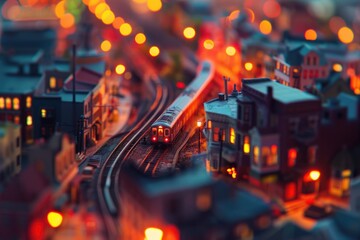 Poster - Toy train traveling through a city at night