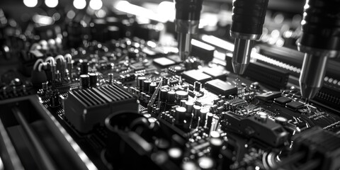 Poster - A close-up shot of a black and white computer motherboard, highlighting its components and details