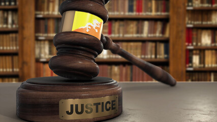 Wall Mural - Bhutan Flag on Judge Hammer in Court with Word Justice. Justice System 3D Illustration