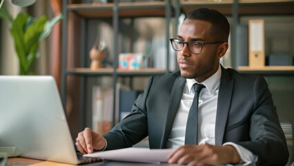 Poster - an entrepreneur sitting at a desk, busy working on a laptop while surrounded by papers, a successful