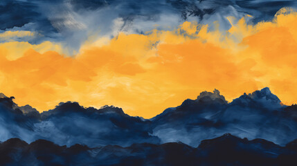 Wall Mural - Watercolor yellow and blue mountain sunset landscape