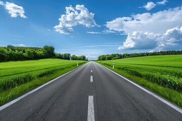 Aufkleber - A quiet road runs through a lush green grass field, perfect for photography or illustration