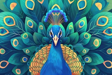 Poster - A vibrant blue peacock displaying its stunning tail feathers