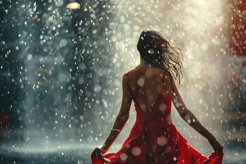 Poster - A woman stands in the rain wearing a bright red dress, ready for an event