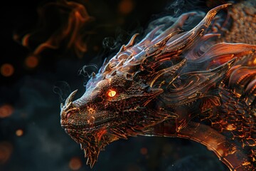 Poster - A close-up view of a dragon's head with flames emitting from its mouth, ready to breathe fire