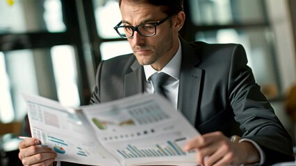 Poster - a man is seated at a table, focusing intently on reading a piece of paper that appears to be a finan
