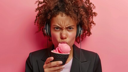 Canvas Print - A woman enjoying an ice cream cone while wearing headphones