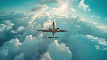 A plane flying high above fluffy white clouds