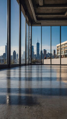 Wall Mural - Empty space in a shop or store, featuring a concrete floor and a scenic urban skyline against a blue sky background.