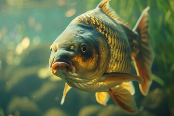 Poster - A close-up shot of a fish swimming in a peaceful pond scene