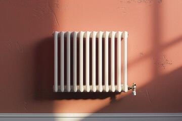 Poster - A white radiator sits on a pink wall, next to a window with an open view