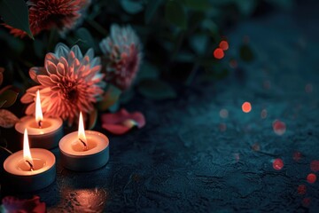 Poster - Three lit candles placed alongside a bouquet of fresh flowers